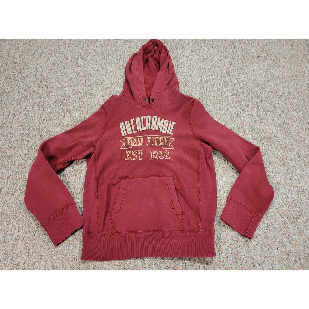 Abercrombie & Fitch Sweatshirt‎ Mens Small Red Distressed Logo Pullover Hoodie